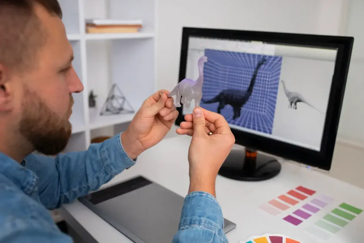 Tworzenie modeli dinozaur&oacute;w w 3D. Mężczyzna por&oacute;wnuje wydrukowaną figurkę z cyfrowym projektem na ekranie.