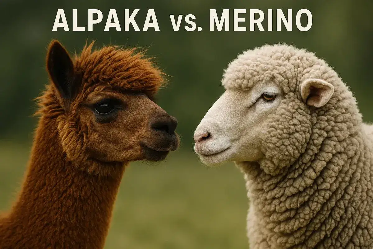 Brązowa alpaka i owca merino patrzą na siebie. Czy alpaka gryzie sweter?