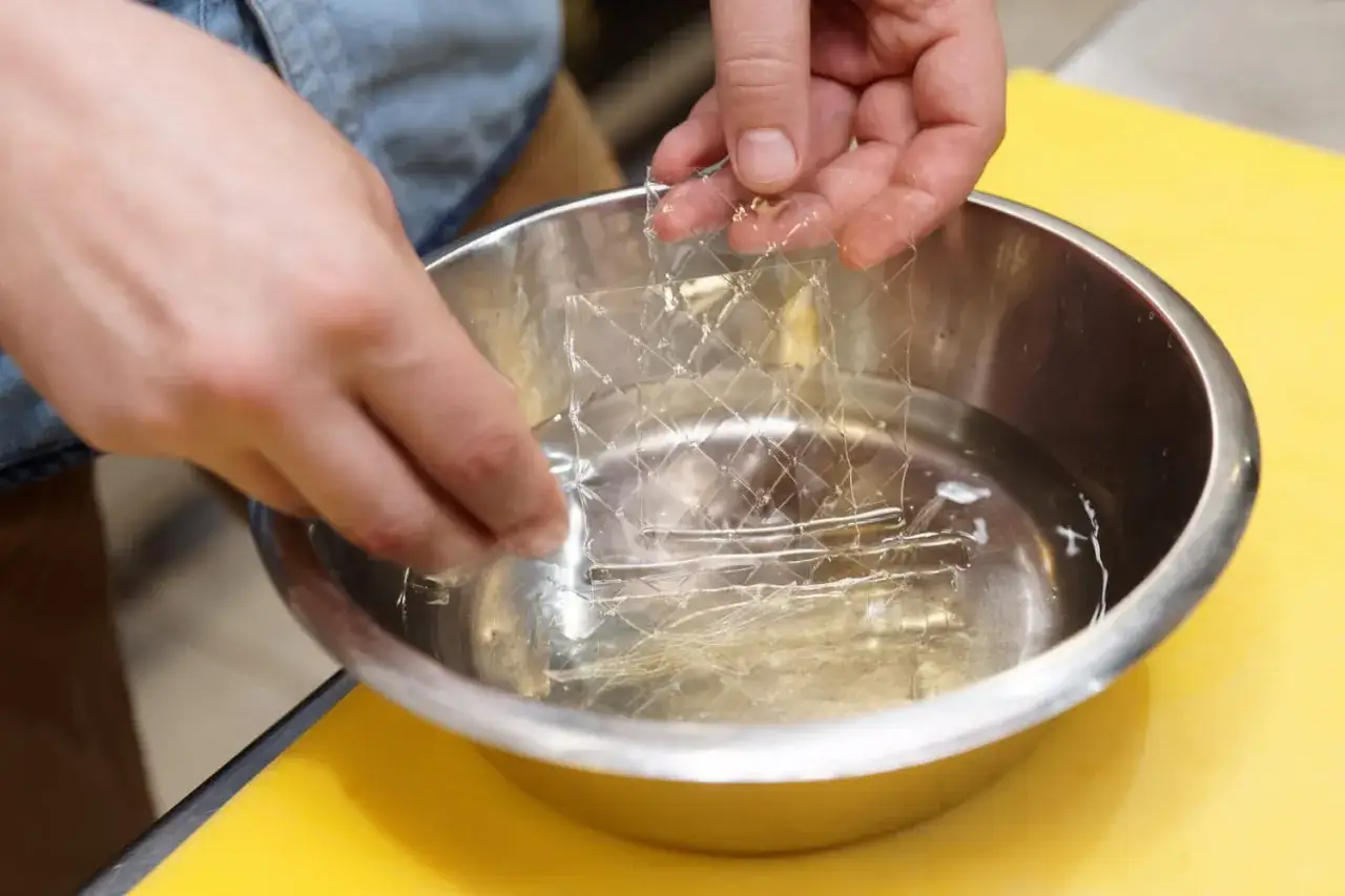 Comment utiliser la g&eacute;latine en feuille : une main trempe une feuille de g&eacute;latine dans un bol d'eau froide pour la ramollir.