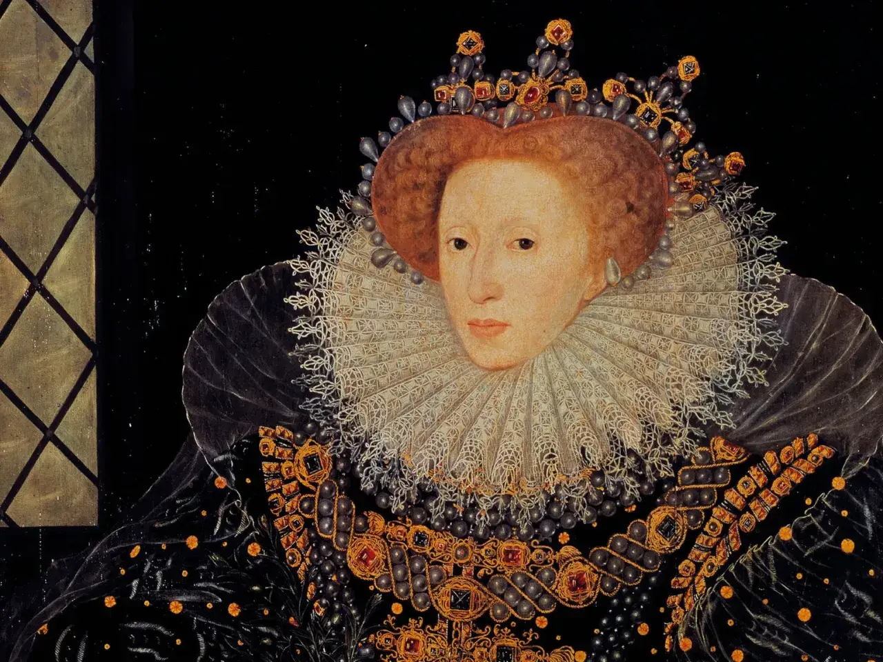 Königin Elisabeth I. trägt eine prächtige Krone und ein Spitzenkragenshirt. Ihr Kleid ist mit Juwelen und Perlen verziert, wie es sich für eine Königin gehört, die vielleicht von Kate Williams gemalt wurde.