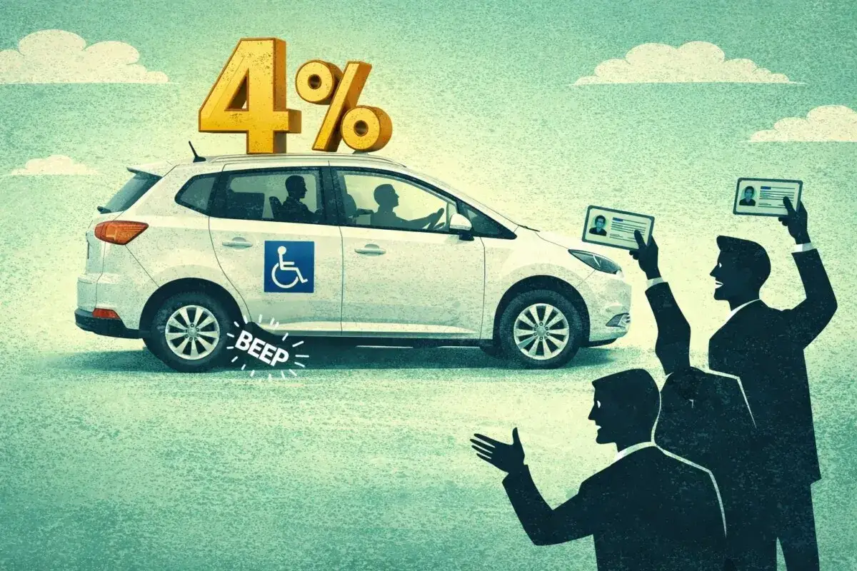 Auto con simbolo disabili e 4% in alto, persone mostrano documenti. Simula fac simile certificato medico per IVA agevolata.