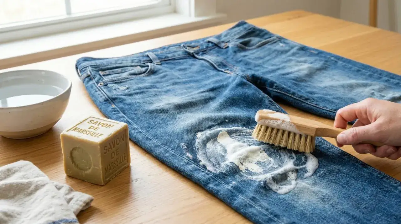 Comment enlever de la peinture sur un jean : une brosse frotte une tache sur un jean avec du savon de Marseille et de l'eau.