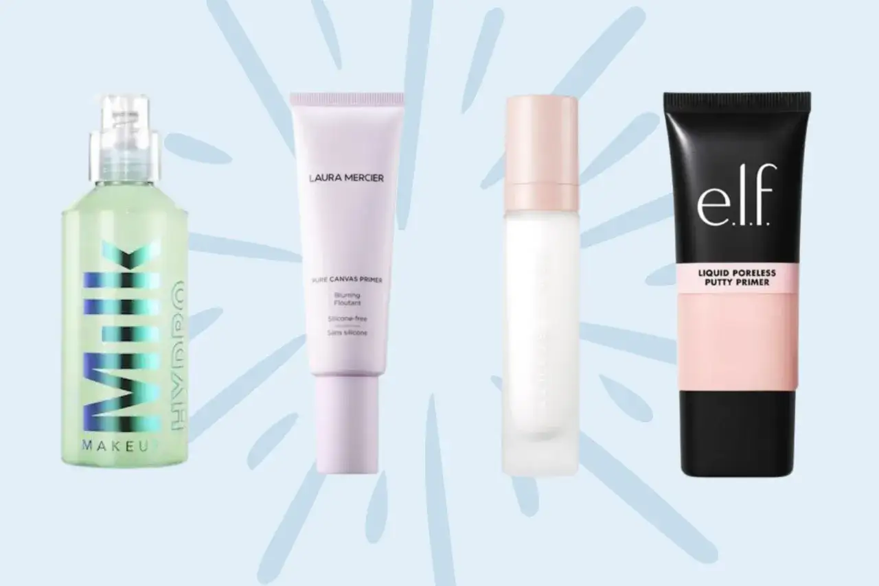 Cztery produkty do makijażu: baza Milk Makeup Hydro Grip, Laura Mercier Pure Canvas Primer, Fenty Beauty Pro Filt'r, oraz e.l.f. Liquid Poreless Putty Primer.