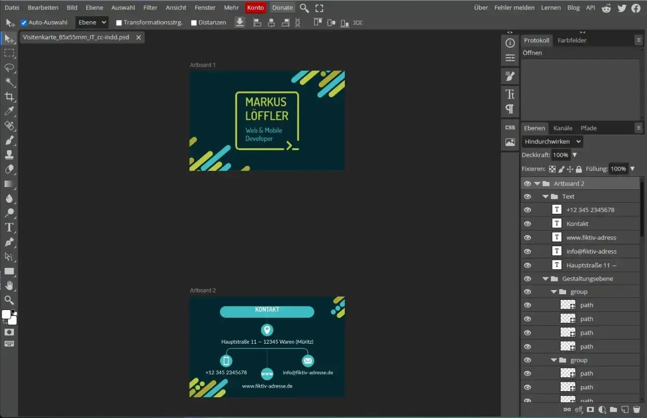 Projekt wizytówki w programie graficznym. Pokazuje jak stworzyć wizytówkę w wordzie, z danymi kontaktowymi i imieniem Markusa Löfflera.