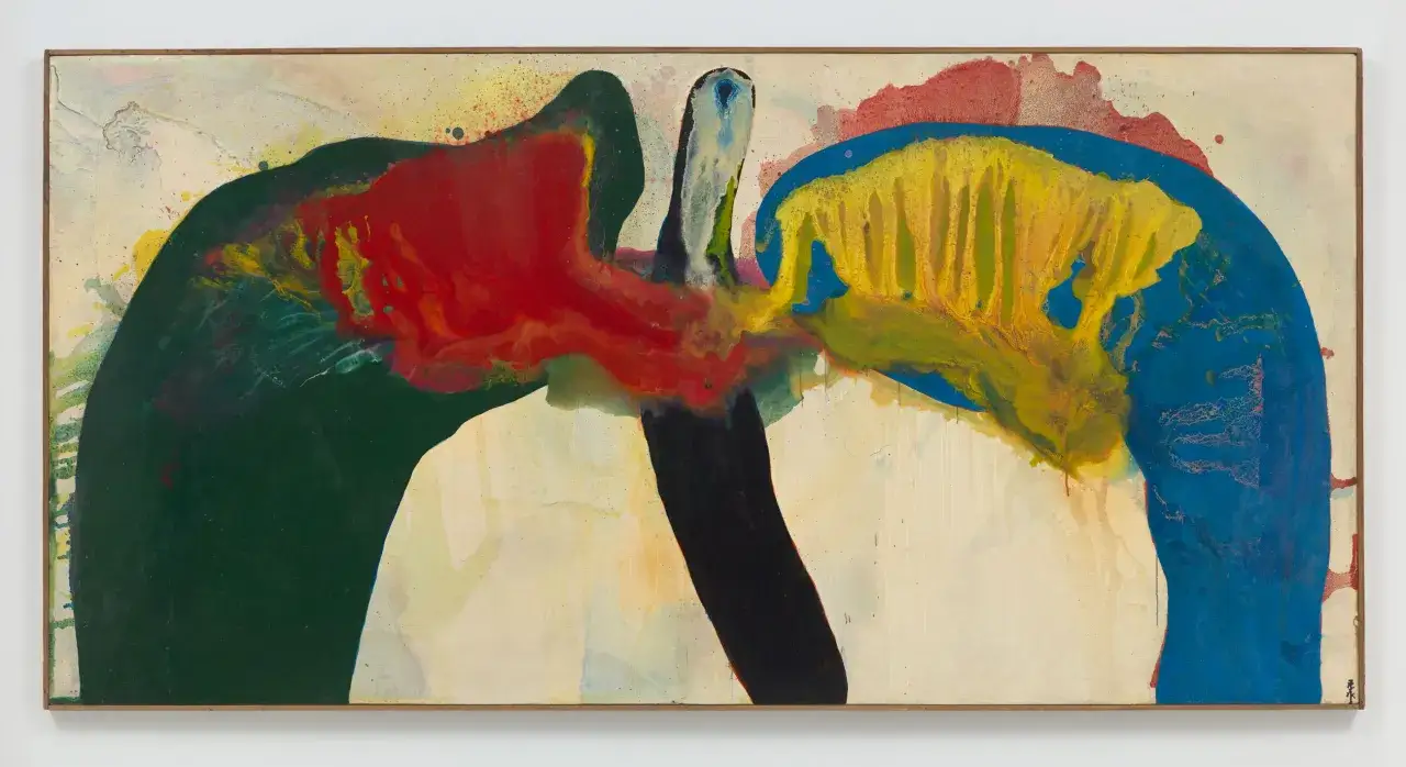 Vibrant abstract painting with bold shapes of green, red, yellow, and blue. This piece embodies the energetic spirit of Gutai art.