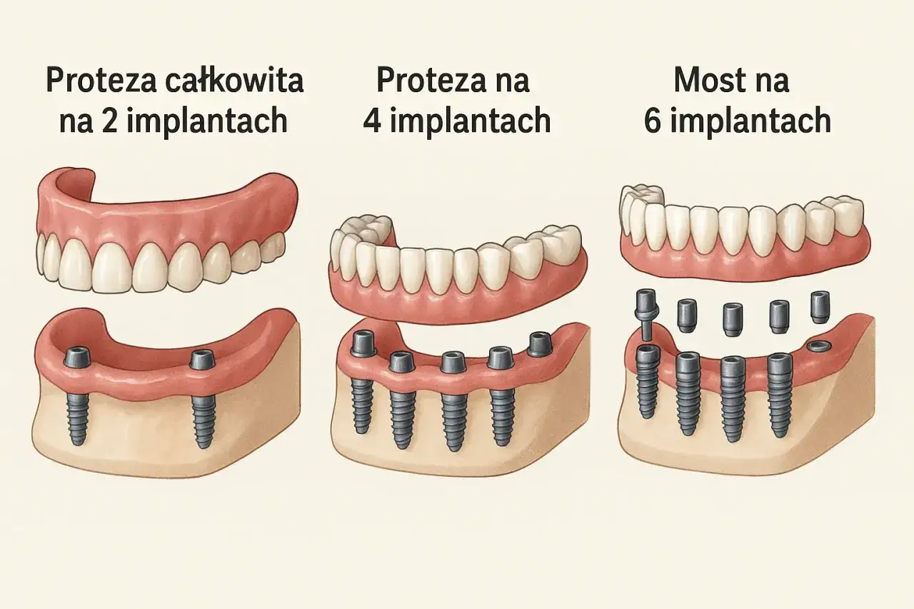 Ile kosztuje proteza zębowa natychmiastowa? Ilustracja pokazuje protezy na 2, 4 i 6 implantach, porównując ich budowę.