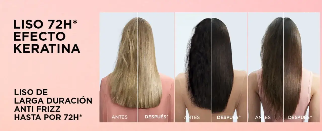 Tres mujeres muestran su cabello antes y después de un tratamiento de keratina, logrando un liso perfecto y duradero.