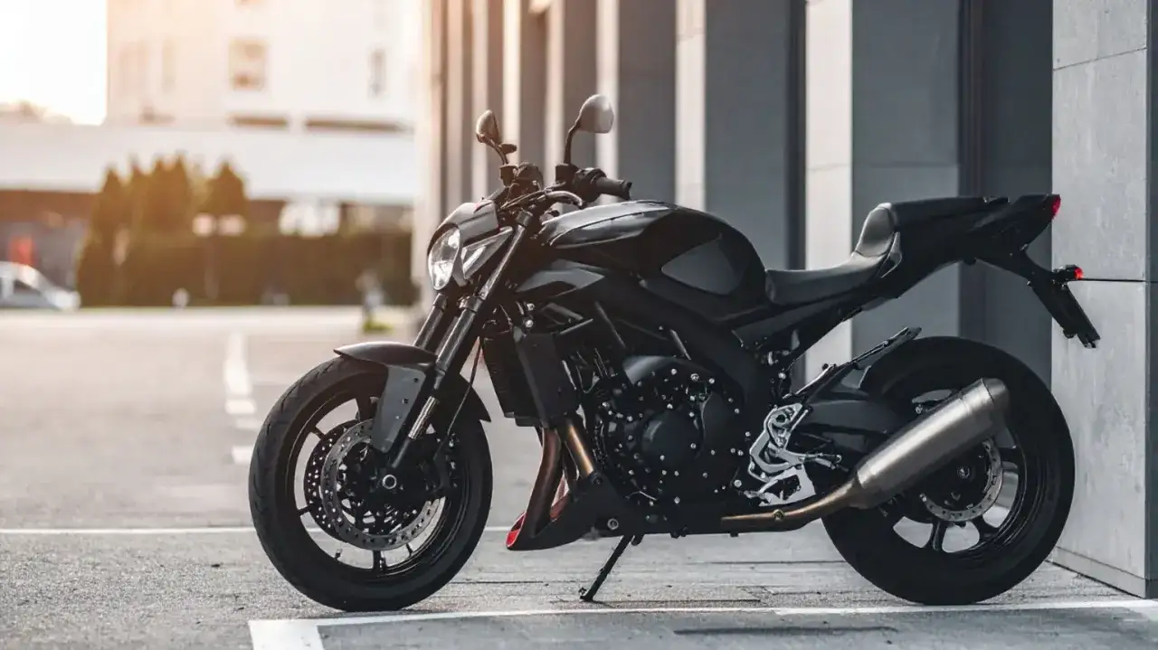 Czarny motocykl stoi na parkingu. Czy motocykle płacą za parking? Zależy od miejsca.