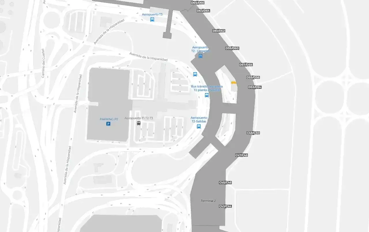 Mapa lotniska w Madrycie z zaznaczonymi terminalami, parkingami i drogami. Widać tu metro w Madrycie.