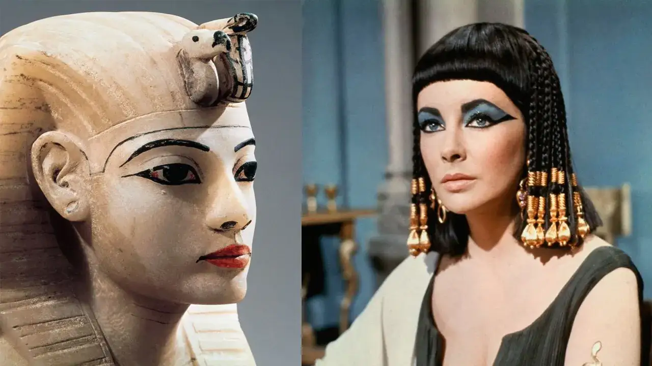 Estatua antigua y Elizabeth Taylor como Cleopatra, ambas con icónico maquillaje egipcio.