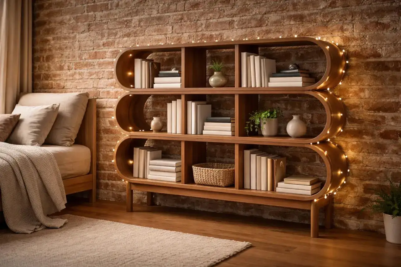 Libreria bassa in legno con libri, piante e lucine. Un angolo accogliente con mattoni a vista.