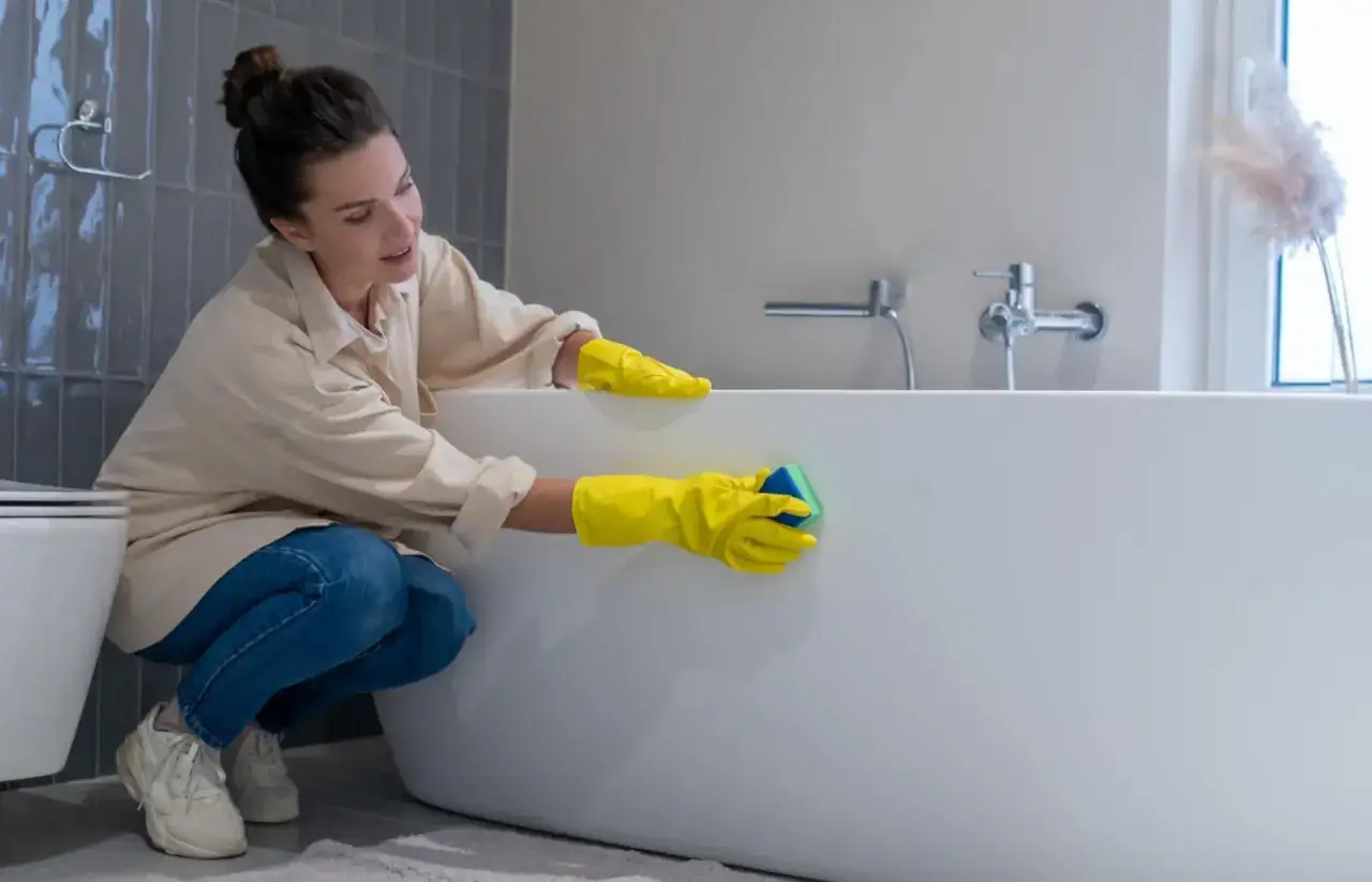 Femme en gants jaunes effectuant le nettoyage d'une baignoire acrylique avec une &eacute;ponge.