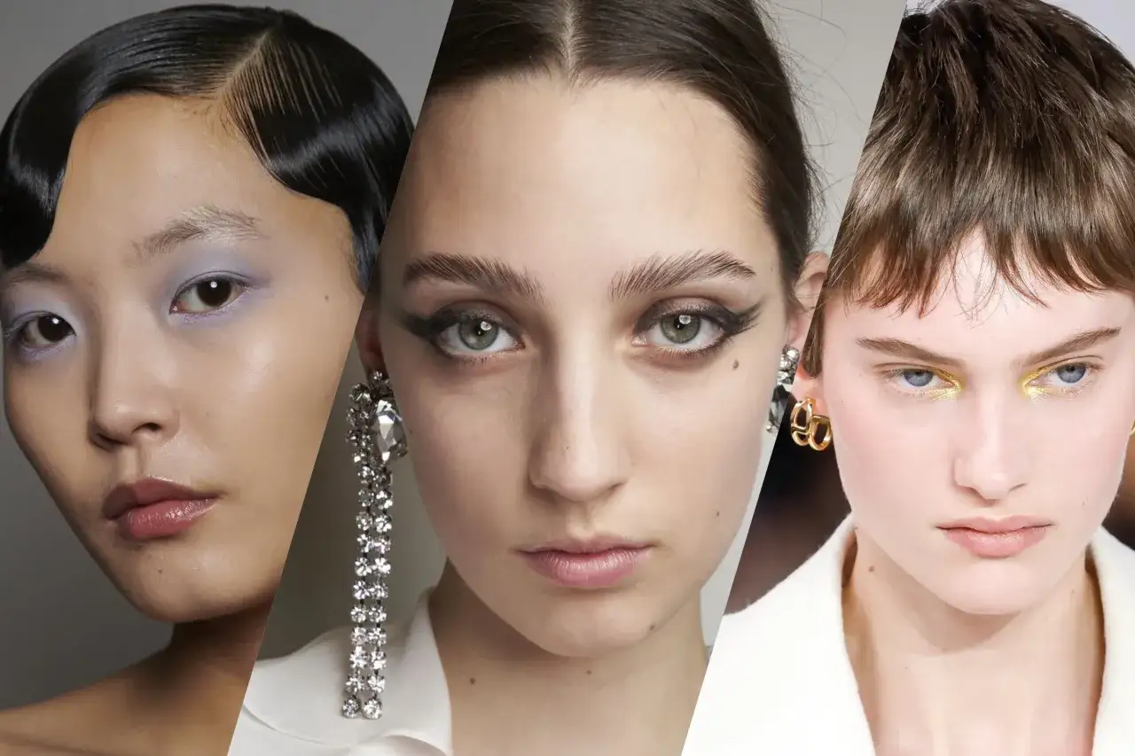 Tre modeller visar upp trendigt smink: en med lila ögonskugga, en med dramatisk eyeliner och en med gul ögonskugga.