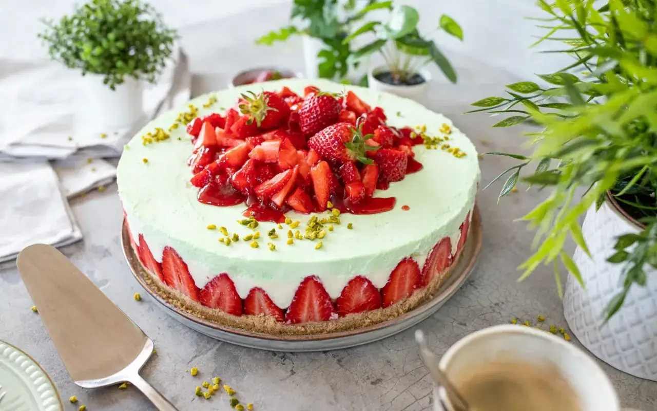 Erdbeer Joghurt Torte mit frischen Erdbeeren und Pistazien, ein Genuss für Augen und Gaumen.
