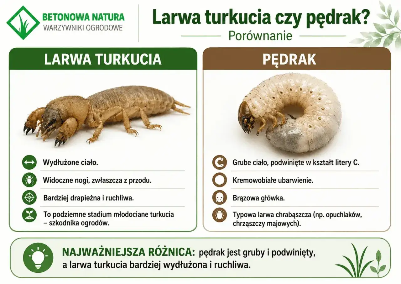 Porównanie larwy turkucia i pędraka. Larwa turkucia jest wydłużona, ma widoczne nogi i jest drapieżna. Pędrak jest gruby, zwinięty w C, kremowy i ma brązową głowę.