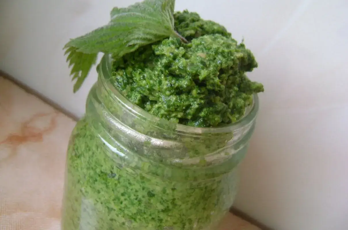 Słoik pełen domowego pesto z pokrzywy, ozdobiony świeżym listkiem. Idealne do makaronu i kanapek.