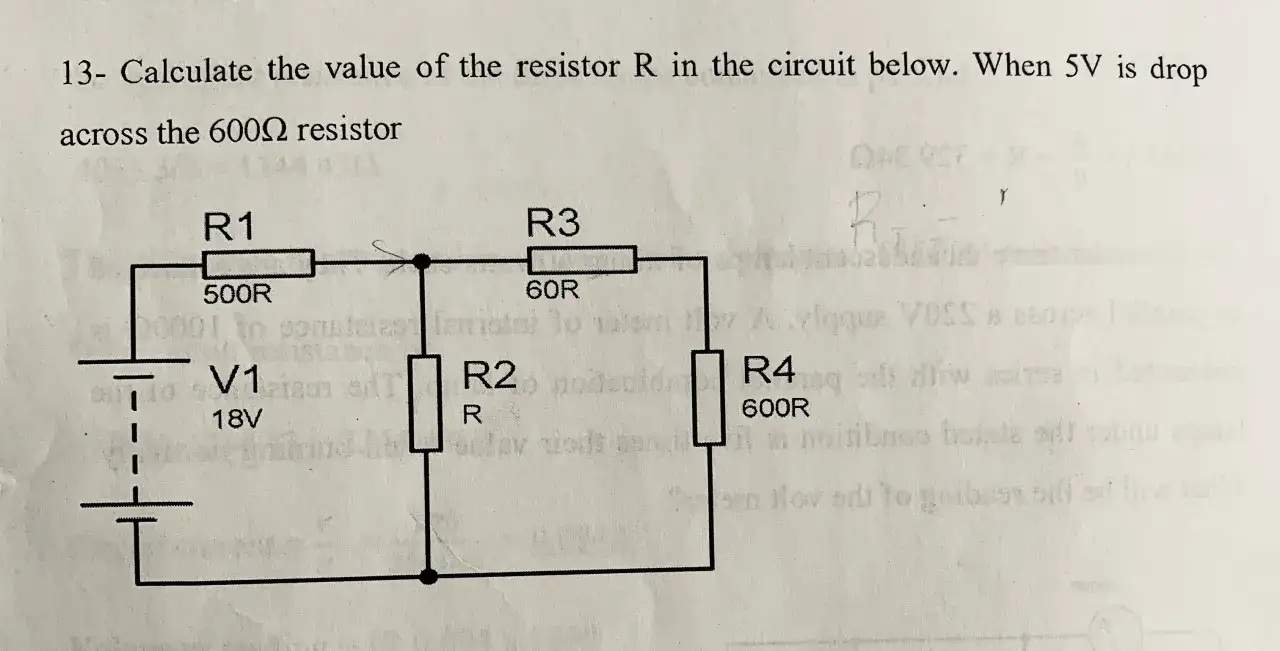 Obwód elektryczny z rezystorami R1 (500Ω), R3 (60Ω), R4 (600Ω) i R2 (R). Obliczanie wzoru na rezystancję.