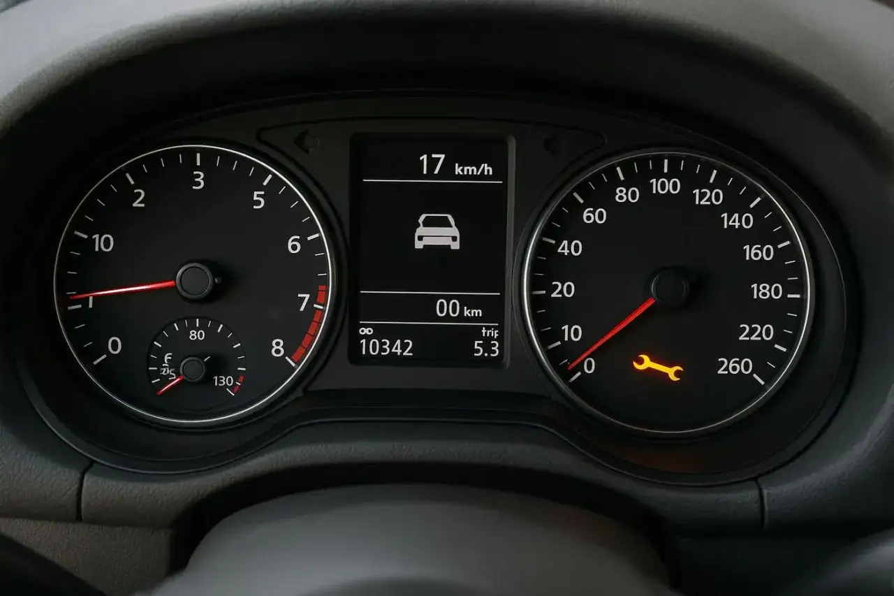 Cruscotto auto con spia chiave e chiave inglese accesa. Cosa fare se la macchina non legge la chiave? Controlla la batteria della chiave e il sistema di accensione.