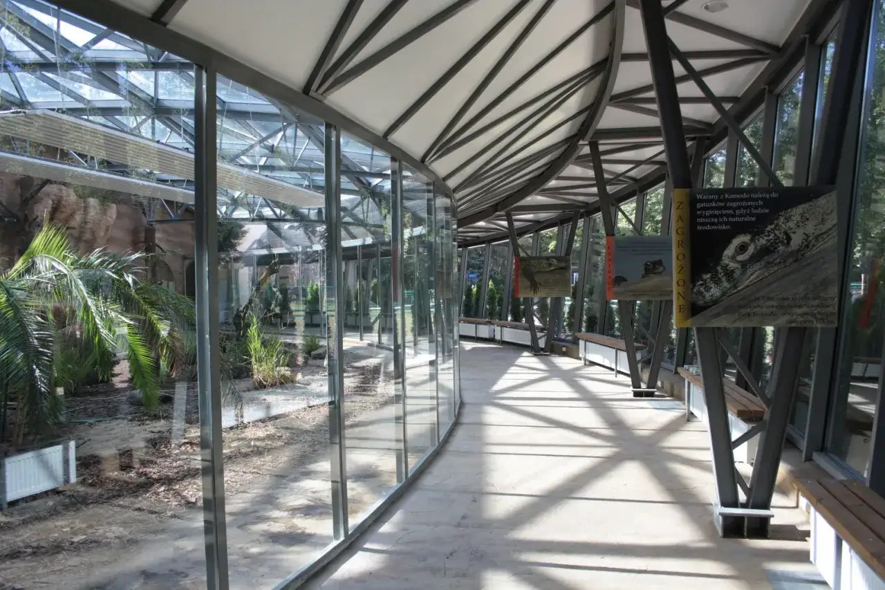 Nowoczesny pawilon w poznańskim zoo, z przeszklonymi ścianami i palmami, zaprasza do świata zagrożonych gatunków.