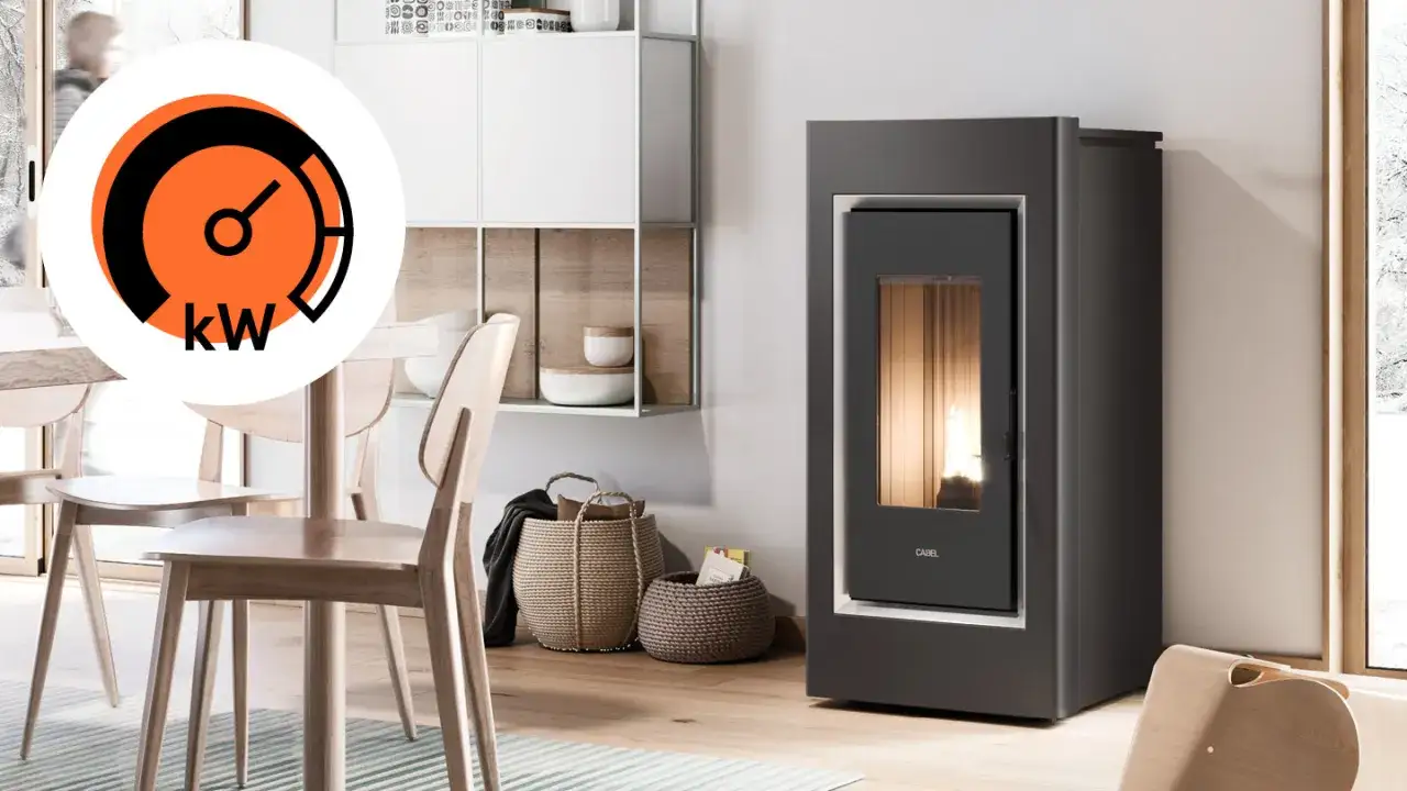 Stufa a pellet moderna con indicatore kW. Scegli il miglior legno per pellet per un calore efficiente.