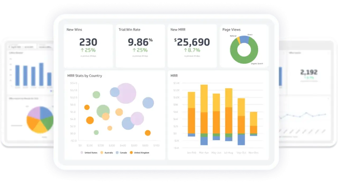 Dashboard displays key metrics like New Wins, MRR, and Page Views, offering diverse reviews of business performance.