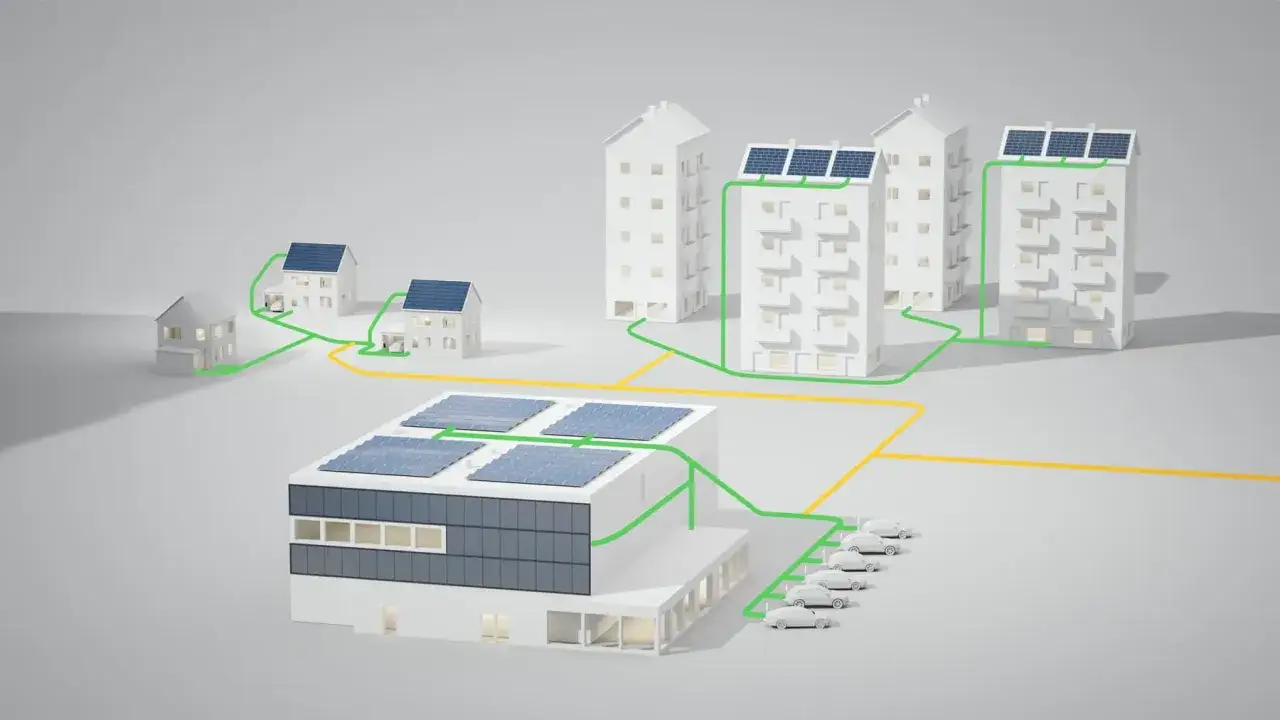 Illustration av ett smart eln&auml;t med solpaneler p&aring; tak, hus och en byggnad. En ferroamp v&auml;xelriktare kopplar ihop allt f&ouml;r effektiv energihantering.