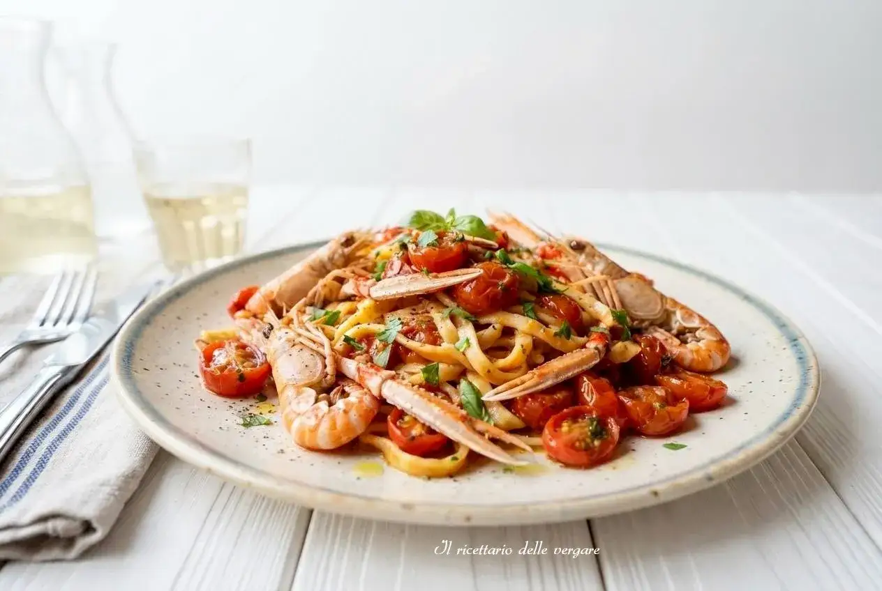Un piatto invitante di linguine agli scampi, con pomodorini succosi e basilico fresco.