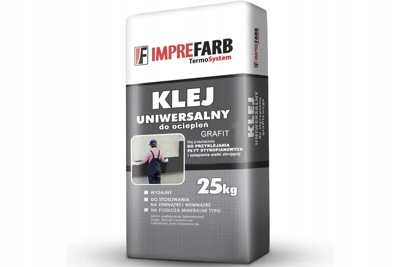 Imprefarb TermoSystem: zaprawa klejowa do styropianu, uniwersalny klej grafitowy do ociepleń, 25kg.