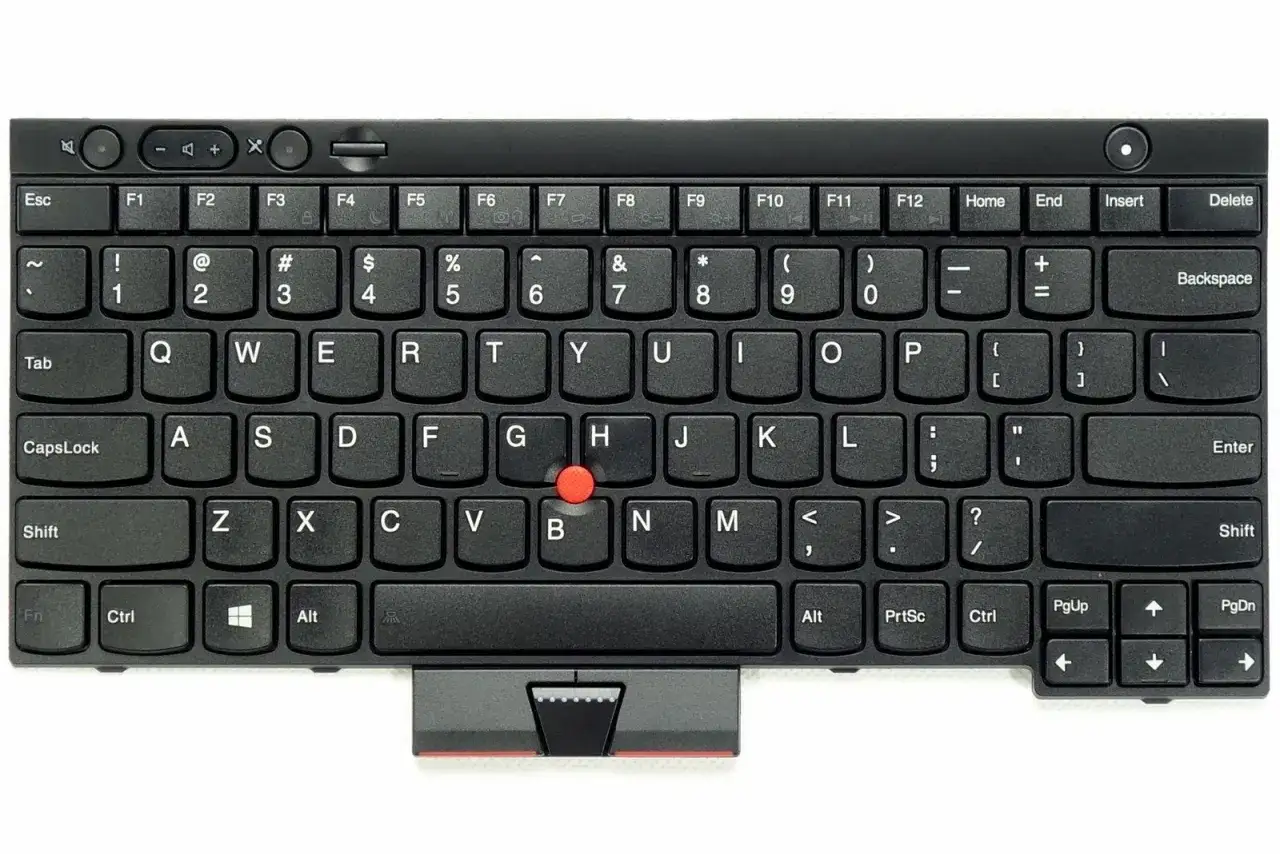 Klawiatura laptopa Lenovo Thinkpad T430 z charakterystycznym czerwonym trackpointem.