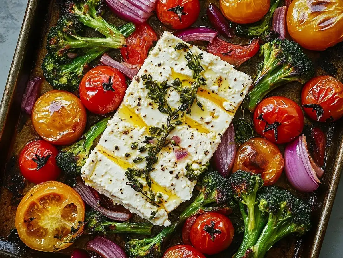 En ugnsbakad fetaost med tomater, rödlök och krispig broccoli. En härlig rätt med broccoli i ugn.