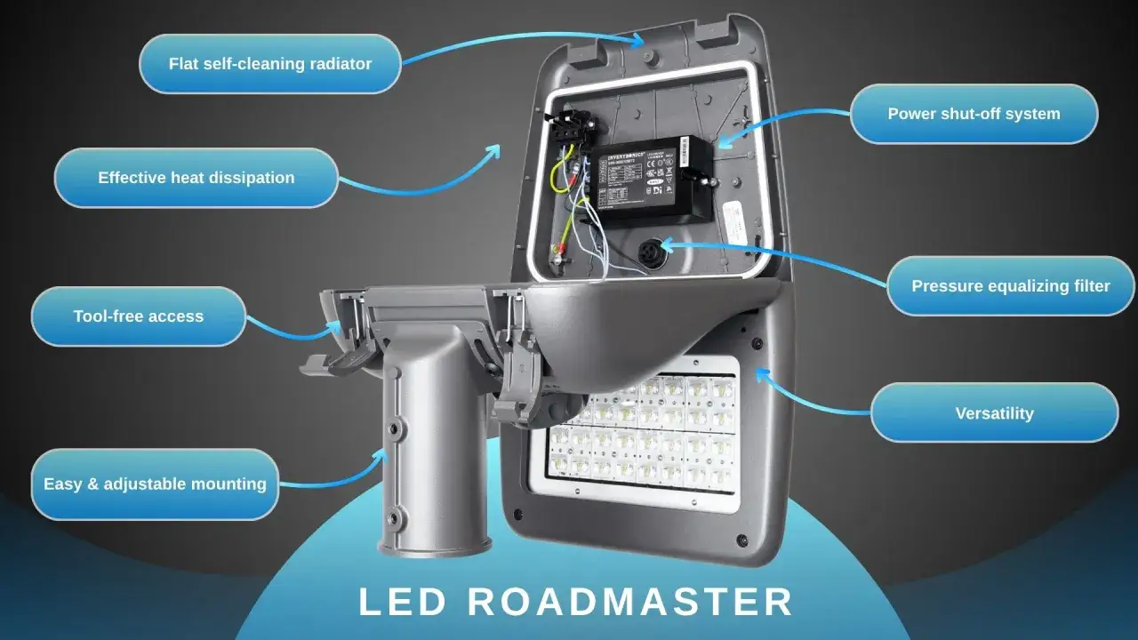 Lampa LED Roadmaster z płaskim radiatorem, który zapobiega nagrzewaniu się ledów. Efektywne odprowadzanie ciepła, łatwy dostęp bez narzędzi.