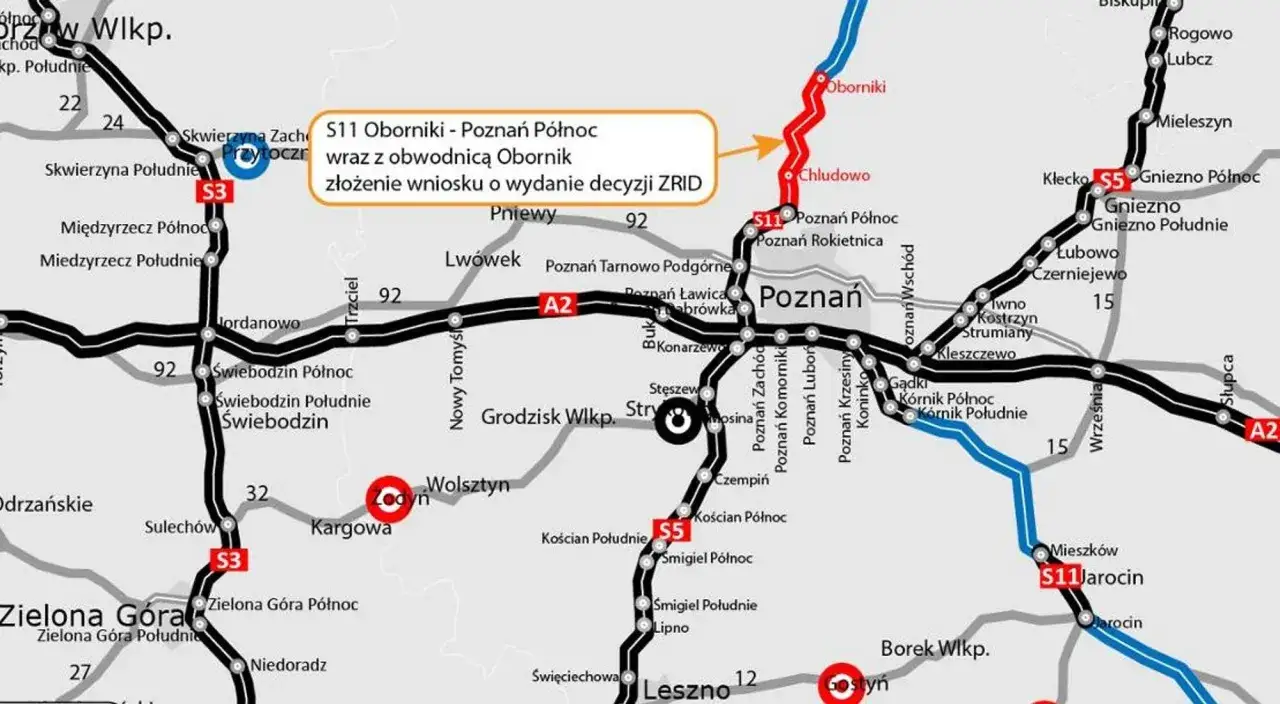 Mapa drogowa z zaznaczoną trasą S11 Oborniki - Poznań Północ, która stanowi poznań trasa bezpłatna.