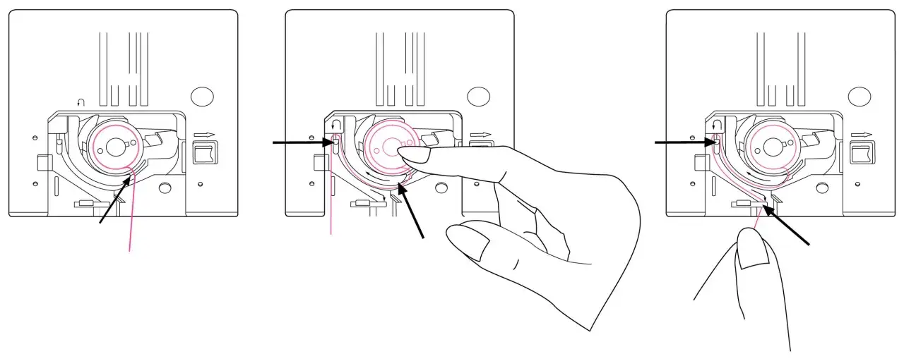 Diagrams show how to thread a sewing machine. A pink thread is guided through the bobbin area and around the bobbin case.