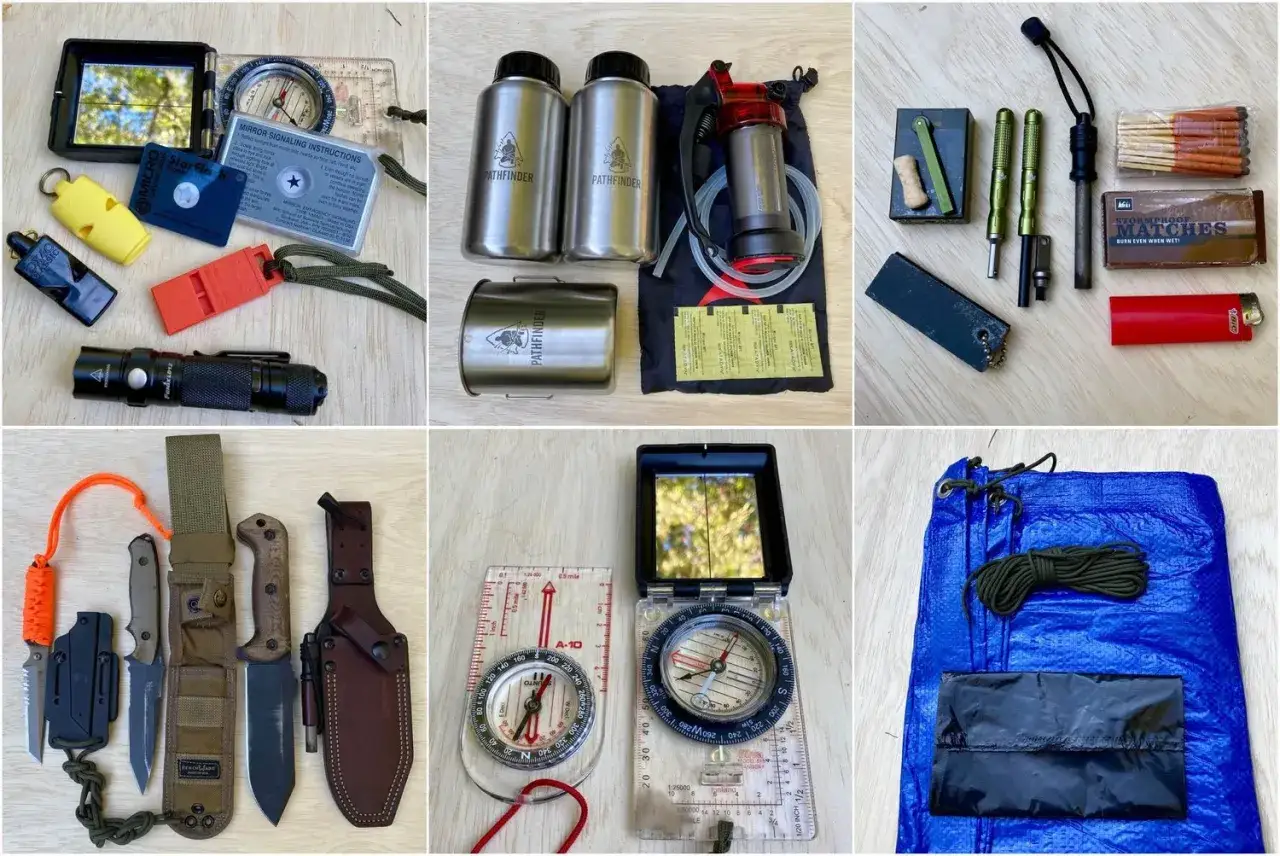 Kit de bushcraft que es: br&uacute;julas, cuchillos, linterna, botellas, cerillas, encendedor, lona y m&aacute;s.