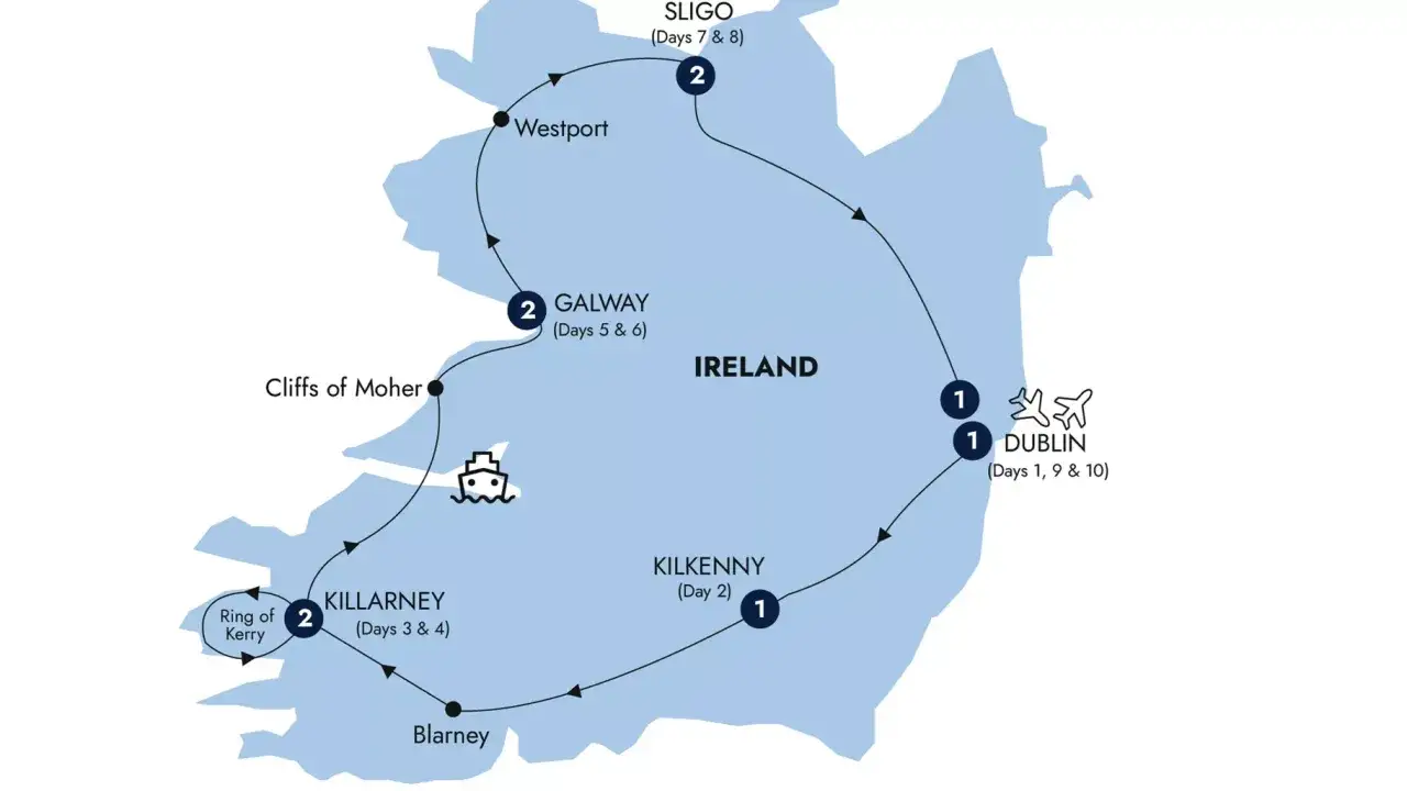 Map of Ireland showcasing a 10-day itinerary including Dublin, Kilkenny, Killarney, Cliffs of Moher, Galway, Westport, and Sligo. Perfect for tours of Ireland.