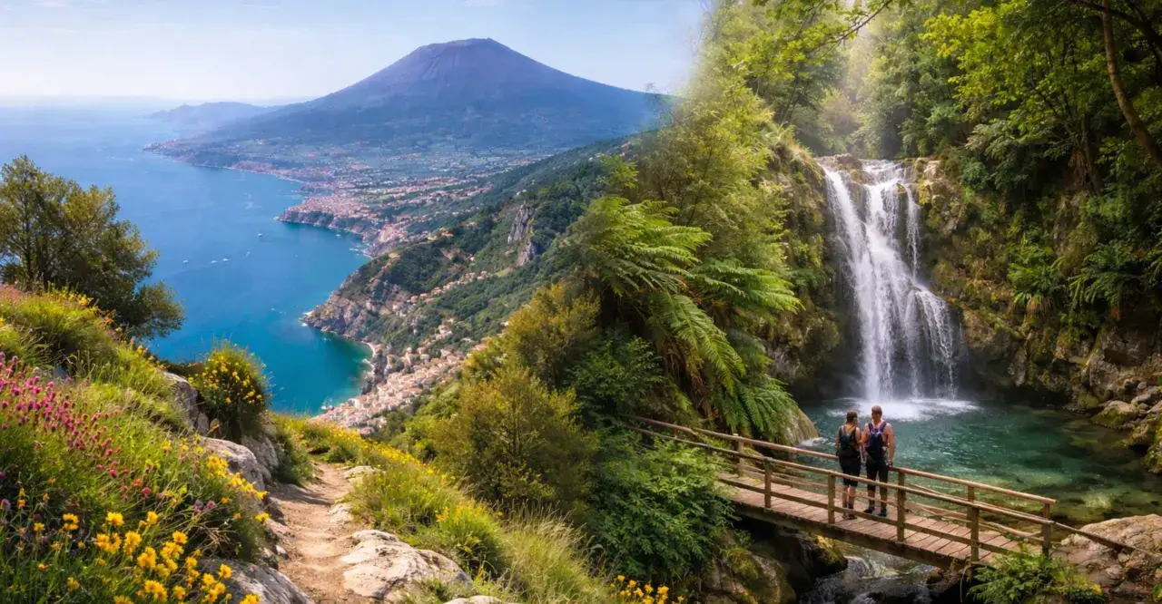 Sentiero fiorito con vista sul Vesuvio e cascata con coppia su ponte. Esperienza di cammini in Campania.