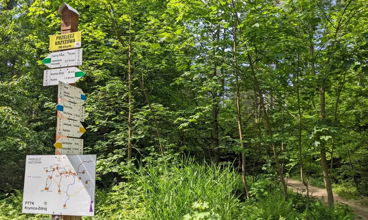 Rozdroże szlaków PTTK na Przełęczy Krzyżowej. Najkrótszy szlak na Jaworzynę Krynicką to 2h 15 min.