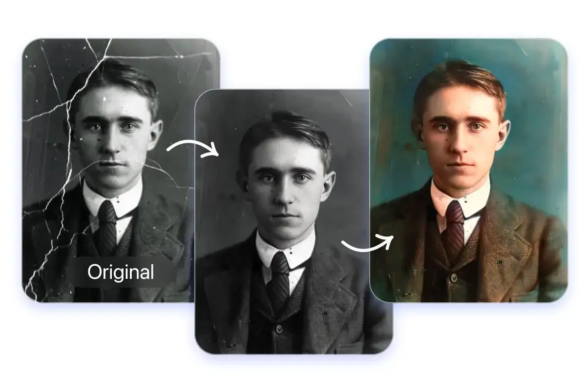 Un homme regarde l'objectif. Une photo originale craquelée est transformée pour restaurer photo, lui donnant une nouvelle vie en couleur.