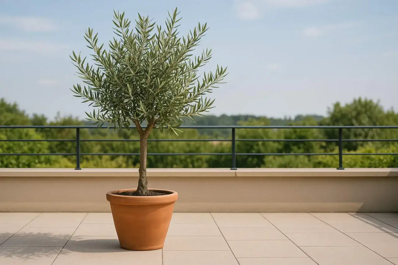 Ein Olivenbaum im Terrakotta-Topf auf einer Terrasse. Die Frage 