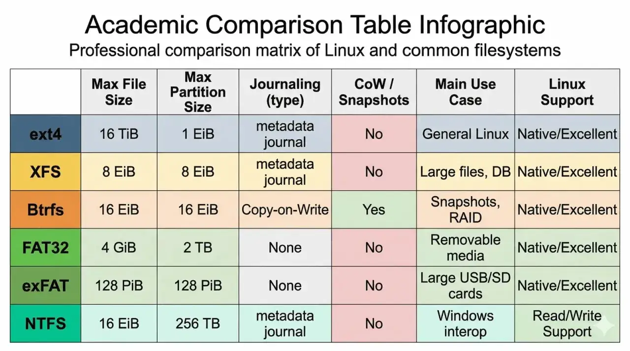 Tabela porównuje systemy plików: exFAT idealny do kart USB/SD, oferuje 128 PiB miejsca.