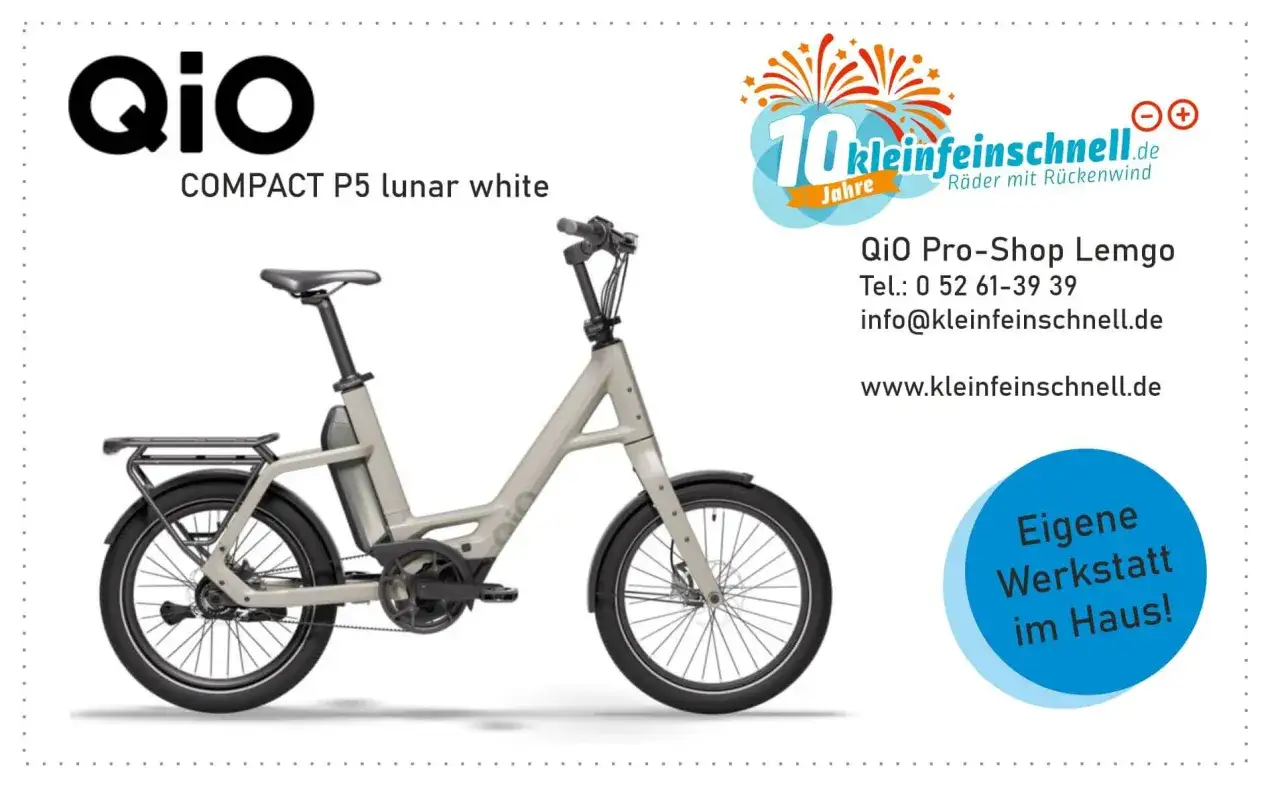 QiO COMPACT P5 lunar white E-Bike. Positive QiO Bike Erfahrungen bei kleinfeinschnell.de, Ihrem Pro-Shop mit eigener Werkstatt.