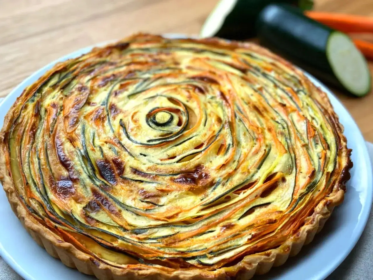 Herzhafte Tarte mit Zucchini und Karotten auf fertigem Hefeteig. Perfekt f&uuml;r schnelle rezepte mit fertig hefeteig herzhaft.