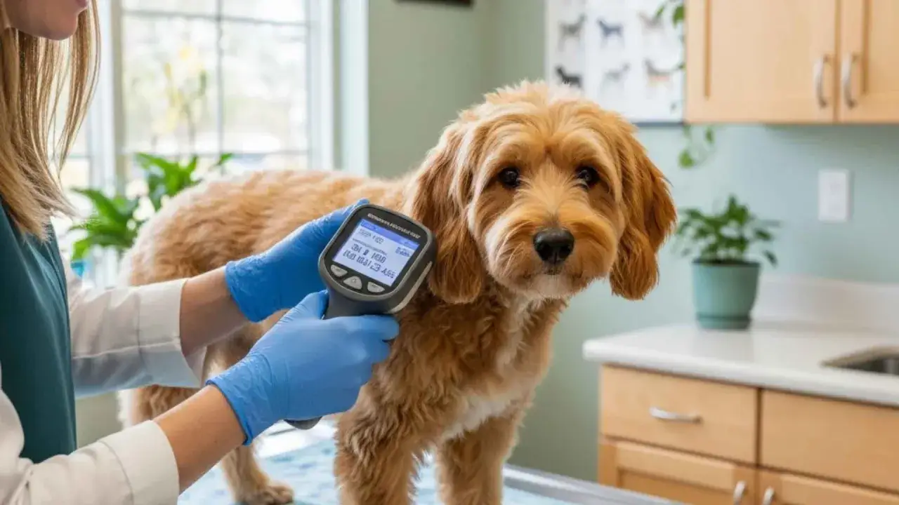 Veterinario escanea a un perro. Averigua cuanto cuesta adoptar un perro y los cuidados necesarios.