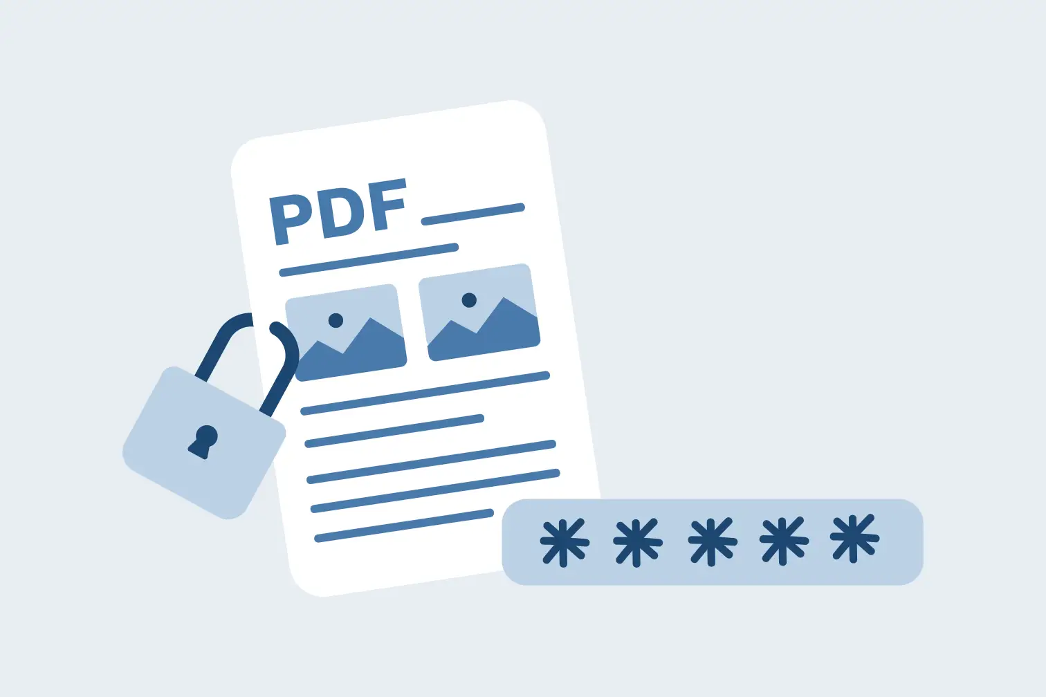 Ilustracja pokazuje, jak zaszyfrować plik PDF. Widoczny jest dokument PDF, kłódka i pole z gwiazdkami symbolizujące hasło.