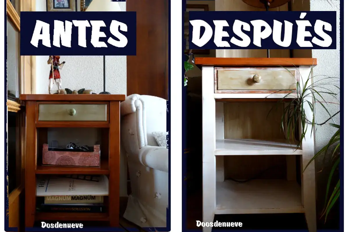 Antes y después de pintar mesita de noche con chalk paint. Un cambio radical que renueva el mueble.