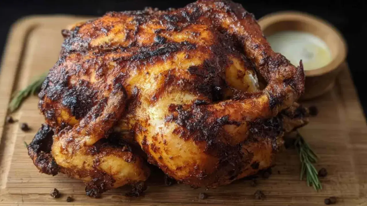 Złocisty kurczak z airfryer, chrupiąca skórka, podany na desce z rozmarynem i pieprzem, obok miseczka sosu.