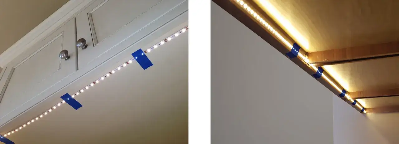 Różne rodzaje taśm LED zamontowane pod szafkami kuchennymi i na półkach, tworzące ciepłe oświetlenie.