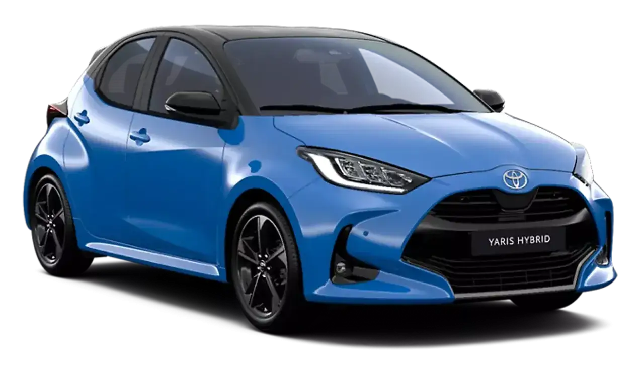Niebieski Toyota Vitz z czarnym dachem, sportowym wyglądem i napisem 