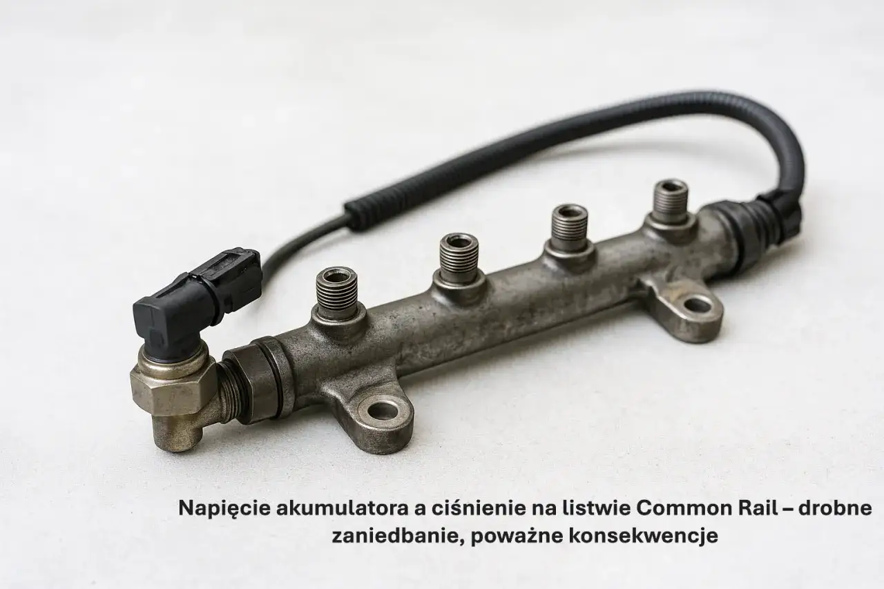 Metalowa listwa Common Rail z czujnikiem i kablem, gotowa do montażu. Drobne zaniedbania w jej działaniu mogą prowadzić do poważnych konsekwencji.