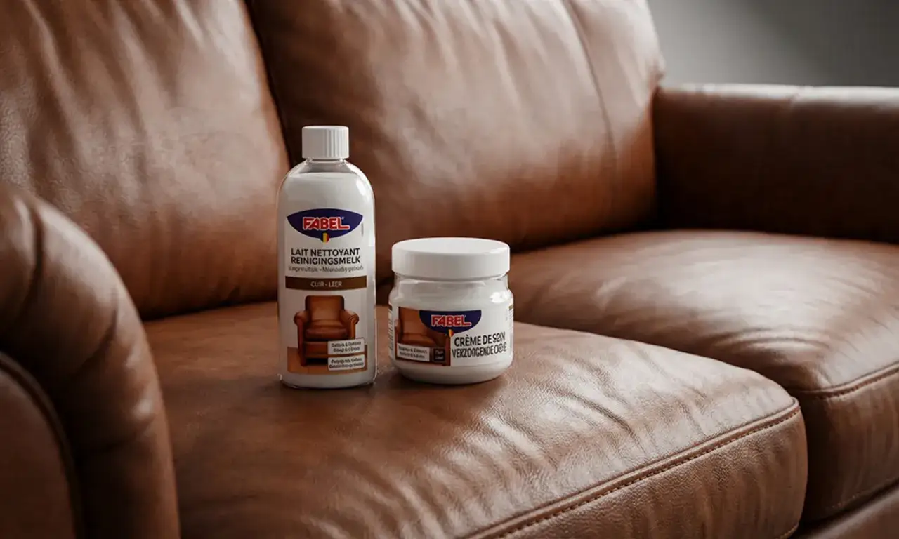 Deux produits Fabel sur un canapé en cuir marron : un lait nettoyant et une crème de soin. Idéal pour nettoyer du cuir avec du lait.